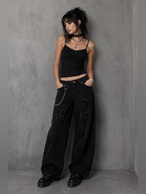Y2K Hot Topic Black Destructed Side Chain Wide Leg Denim Jeans Size 9